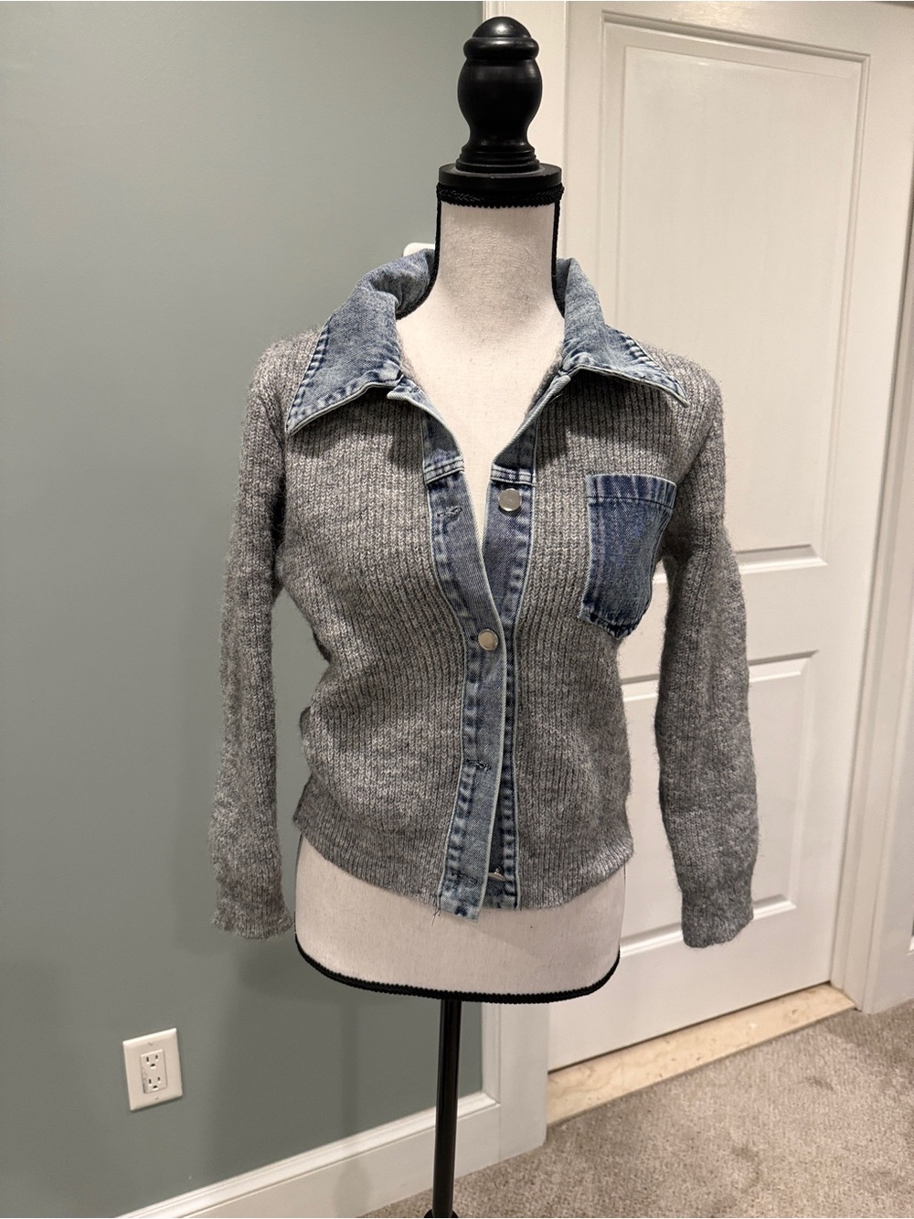 Gray Knit Sweater with Denim Trim